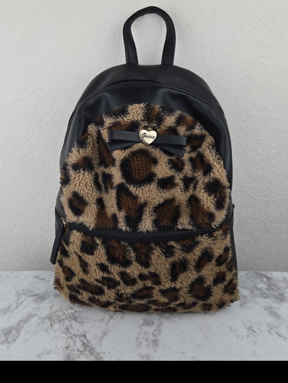 Guess Leopard Faux Fur Small Backpack - Black and Brown